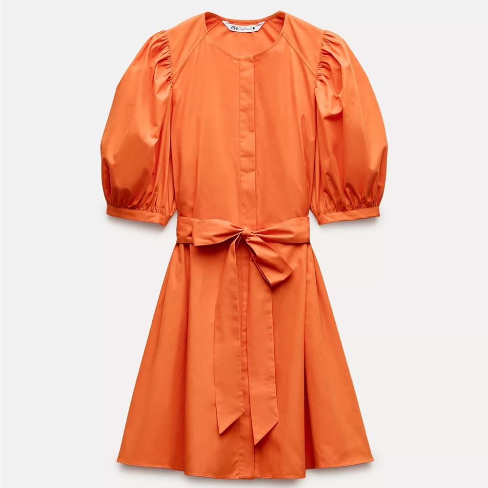 Zara Orange Puff Sleeve Dress Poplin Size Small